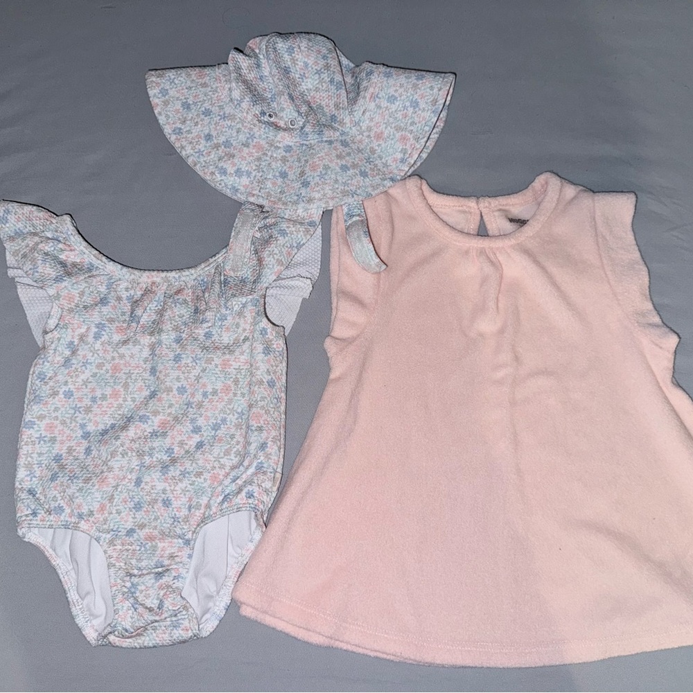 Baby Floral Swimsuit + Pink Dress & Matching Sun Hat Set